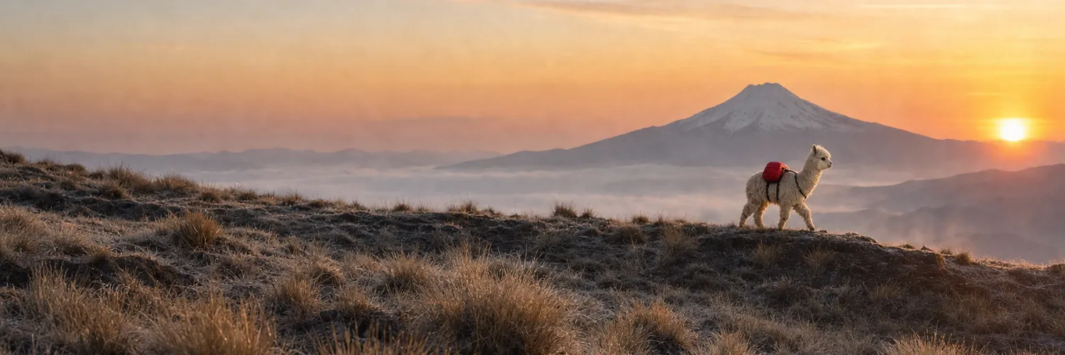 Backpaca small on a long ridge at dawn, walking toward the sunrise