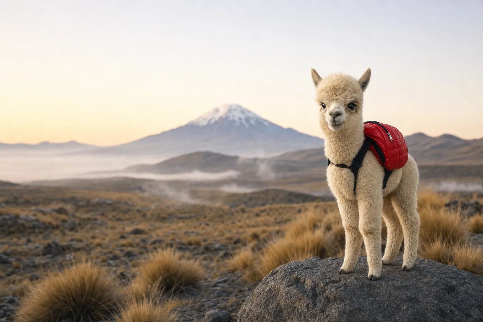 Backpaca, a young cream alpaca with a small red puffy backpack, standing on a rock on the high plateau at dawn
