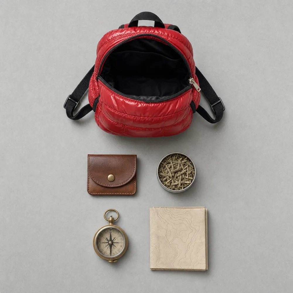 Top-down photo: the open red backpack with its few small items laid out in a neat grid