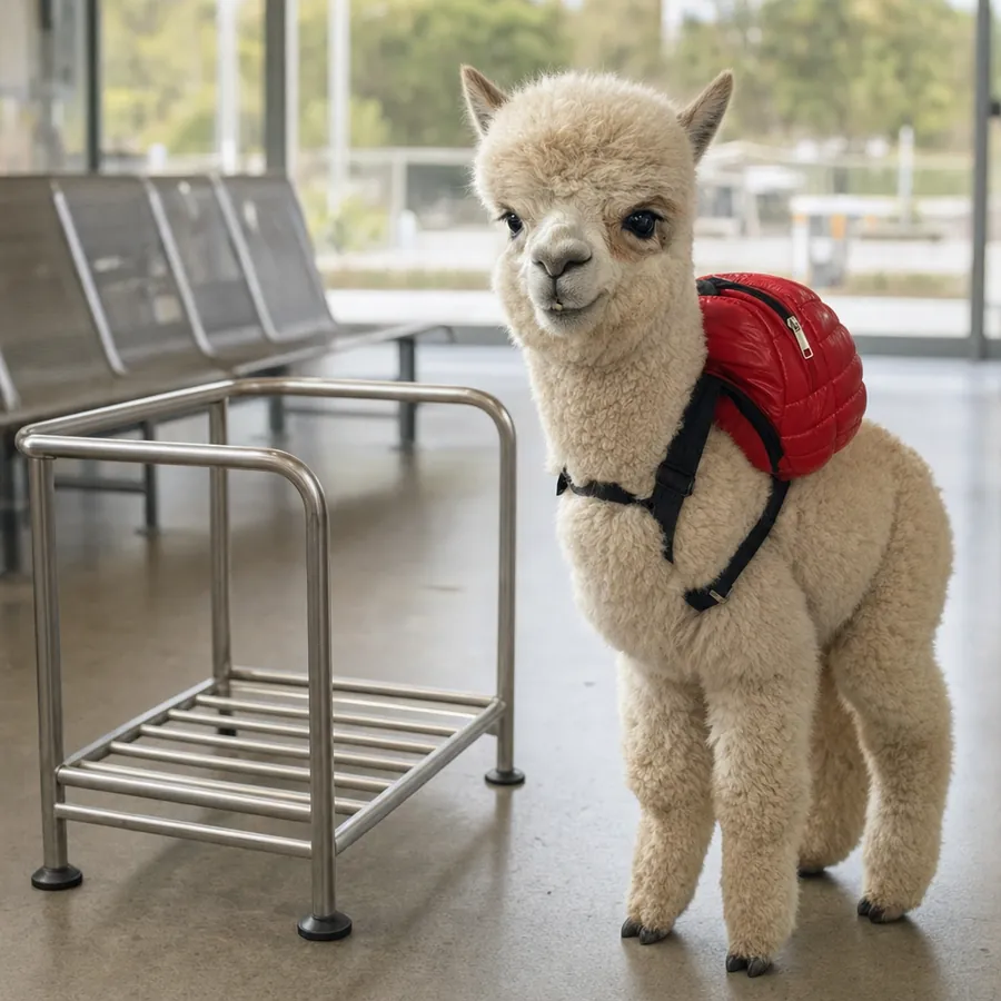 Backpaca beside an empty luggage rack, still wearing his red backpack