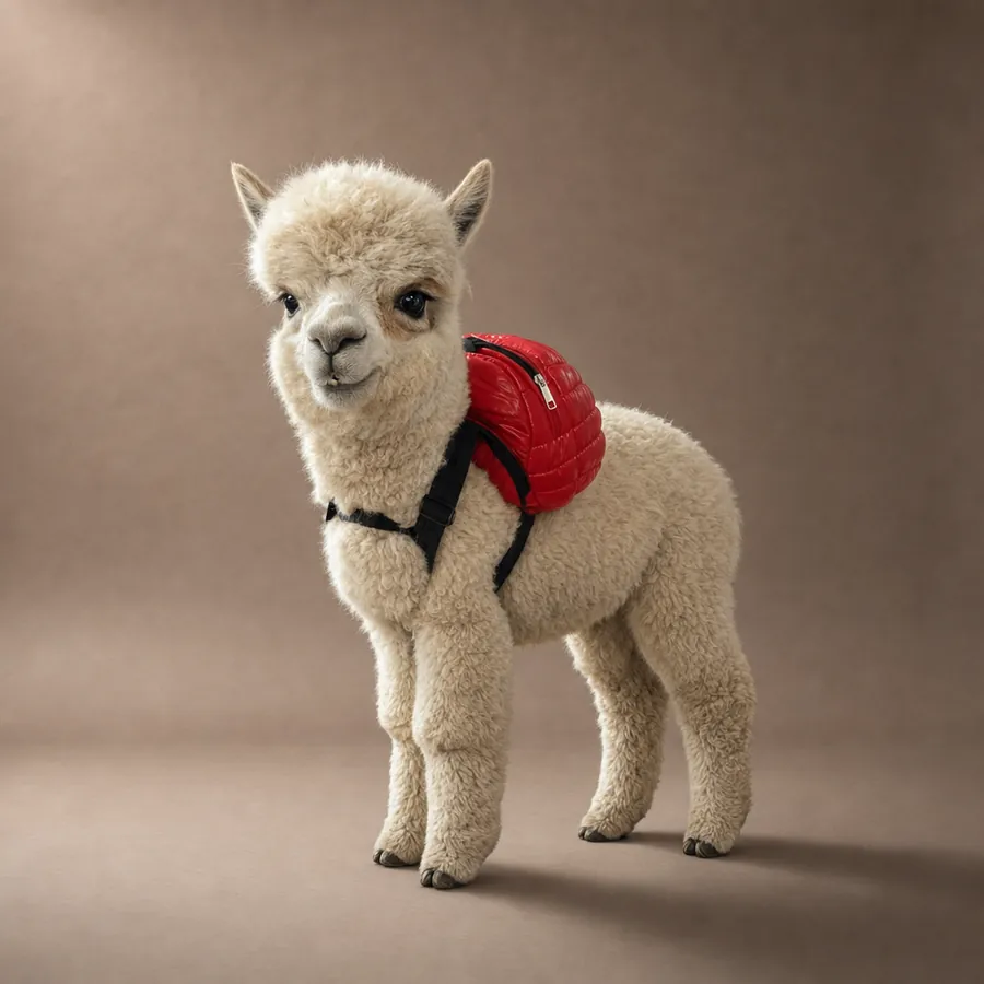 Backpaca the alpaca standing in a studio wearing his small red backpack