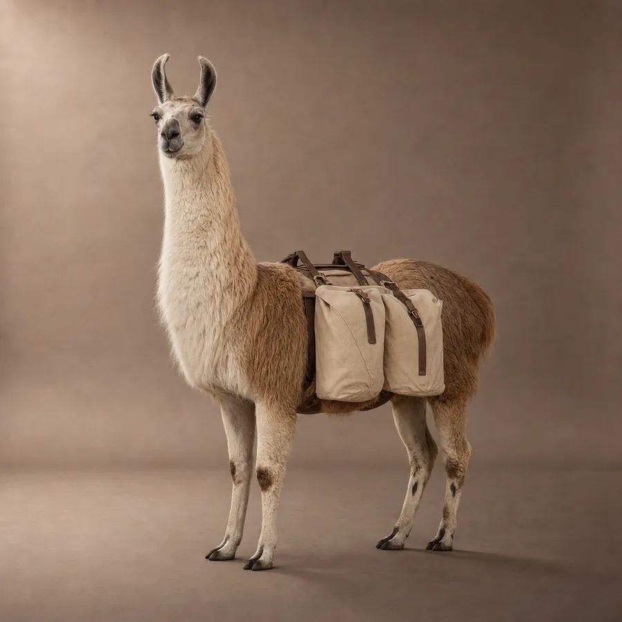 A llama standing in a studio with two plain canvas saddle bags