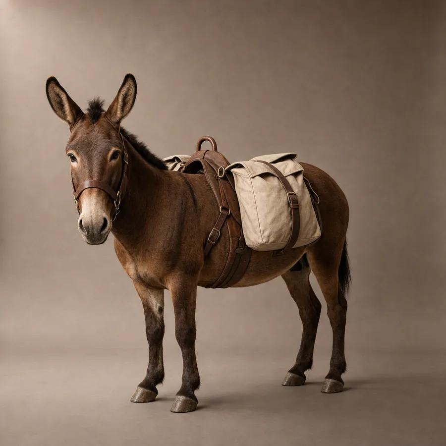 A mule standing in a studio with two plain canvas panniers